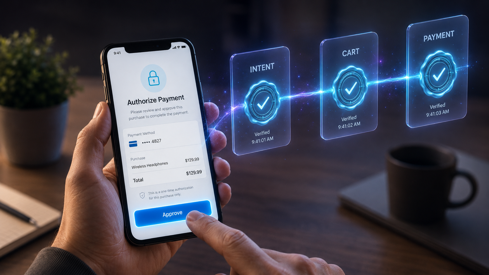 AP2 agent payments protocol showing intent, cart, and payment mandate authorization.