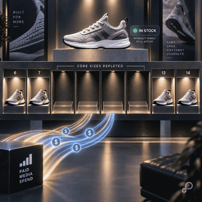 Sneaker inventory display with core sizes sold out and fringe sizes remaining, showing how limited variant availability can waste Shopping ad spend.