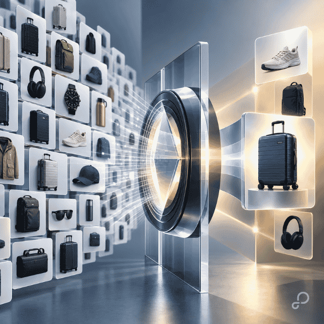 Illustration of an ecommerce product catalog passing through an intelligent selection system that narrows multiple products into relevant recommendations.