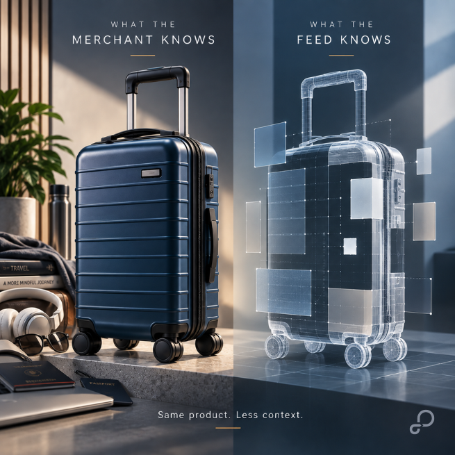 Physical carry-on suitcase beside an incomplete digital representation, illustrating the gap between merchant product knowledge and structured feed data.