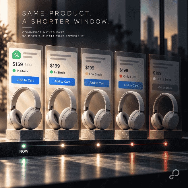 Sequence of headphone product listings showing changing prices and inventory levels, illustrating how ecommerce transaction data becomes outdated.