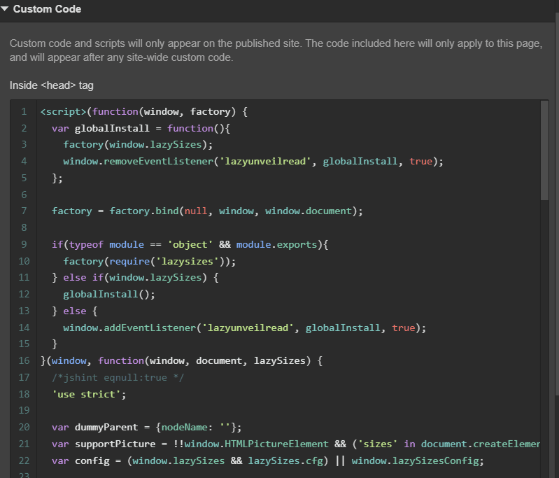 Screen cap of webflow embed dialog box