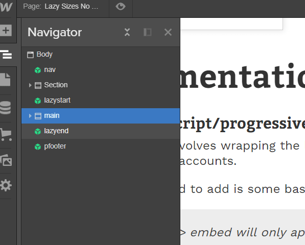 Navigator sidebar of this webflow page in designer.
