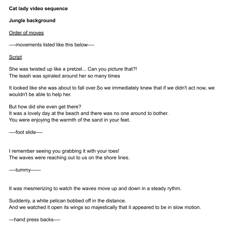 Story script page with movement cues for a class at the residence.