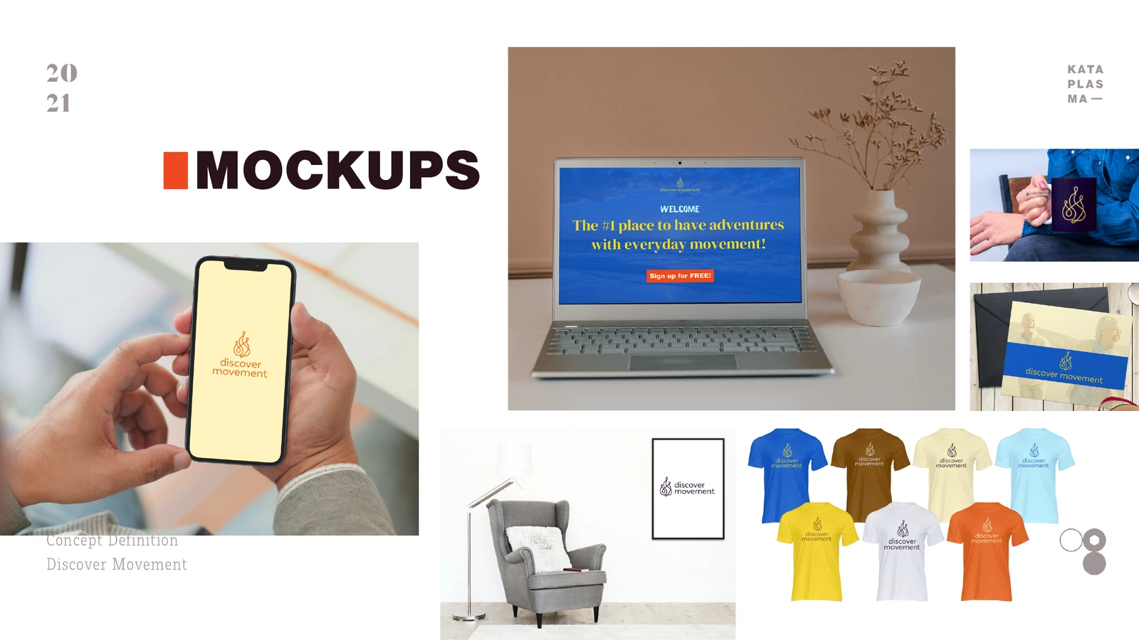 Mockups of the Discover MoveMEnt identity on a phone, laptop, apparel, stationery and poster.