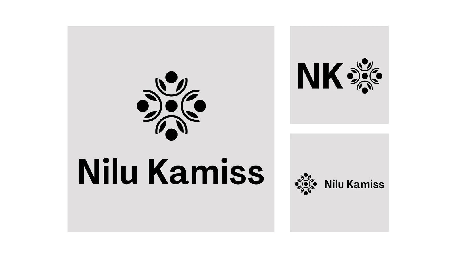 Nilu Kamiss logo lockups and the NK monogram.