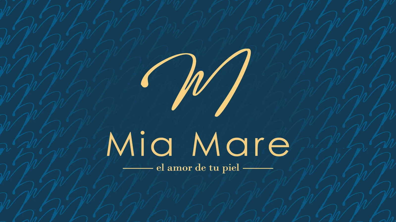 The Mia Mare script M logo in yellow over its M pattern on navy.