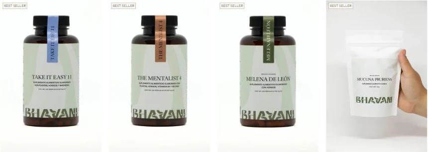 Three Bhavani supplement jars and a refill pouch.