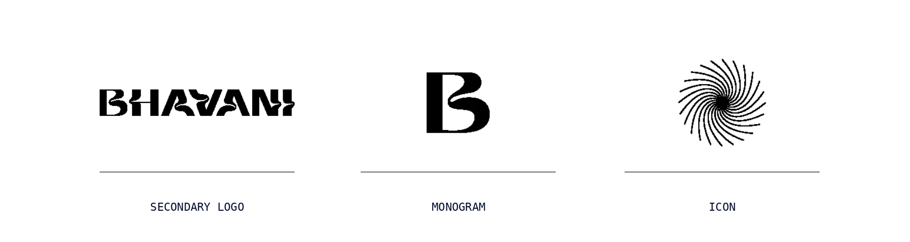 Bhavani secondary logo, monogram and icon, from the brand guide, translated from Spanish.