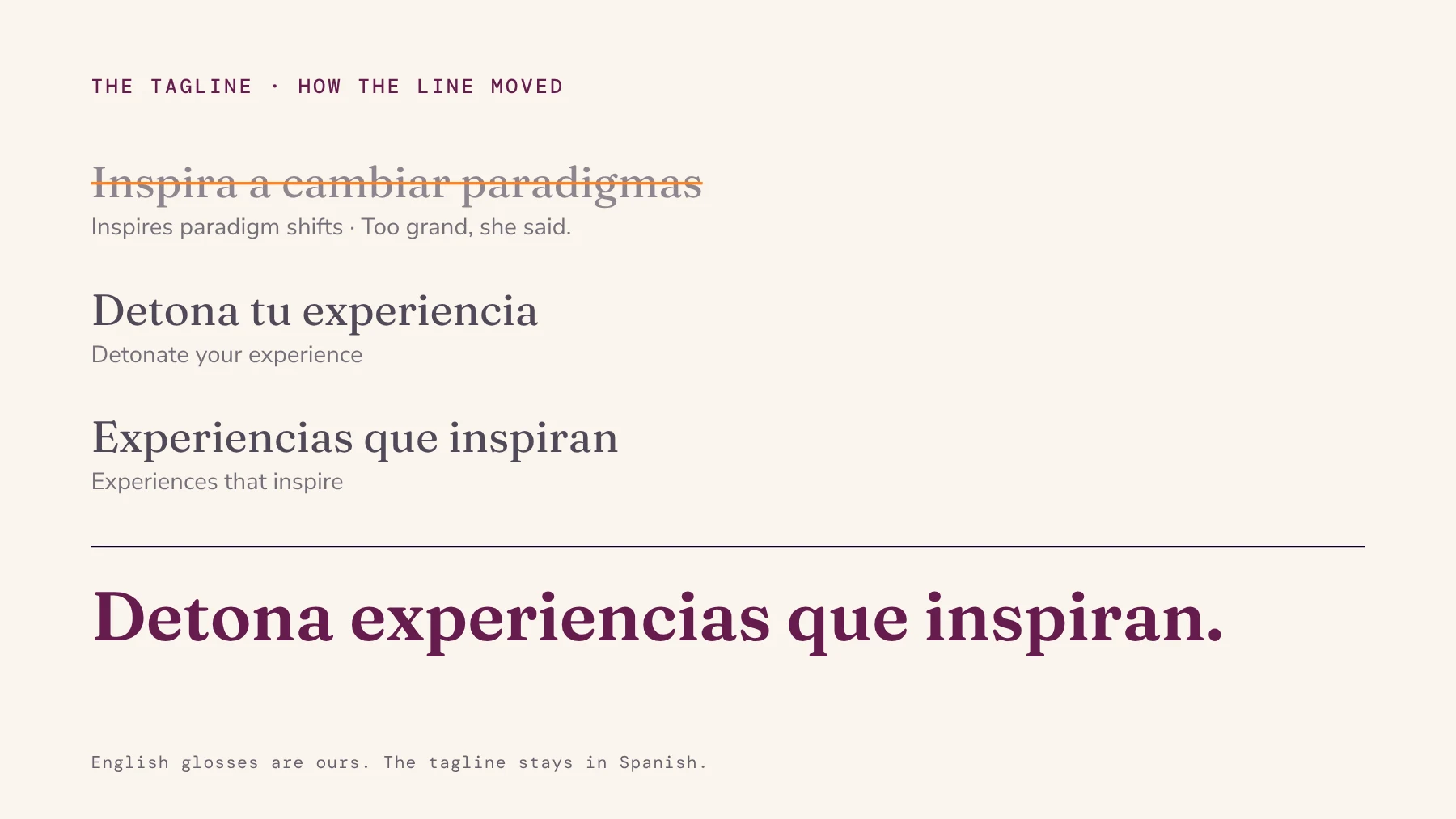 The tagline's path in Spanish with English glosses: 'Inspira a cambiar paradigmas' crossed out, then 'Detona tu experiencia', 'Experiencias que inspiran', and the final 'Detona experiencias que inspiran.'