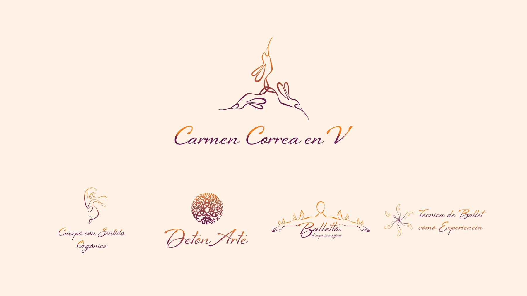 The Carmen Correa en V hummingbird mark above the marks of its four brands: Cuerpo con Sentido Orgánico, DetonArte, Balletto and Técnica de Ballet como Experiencia.