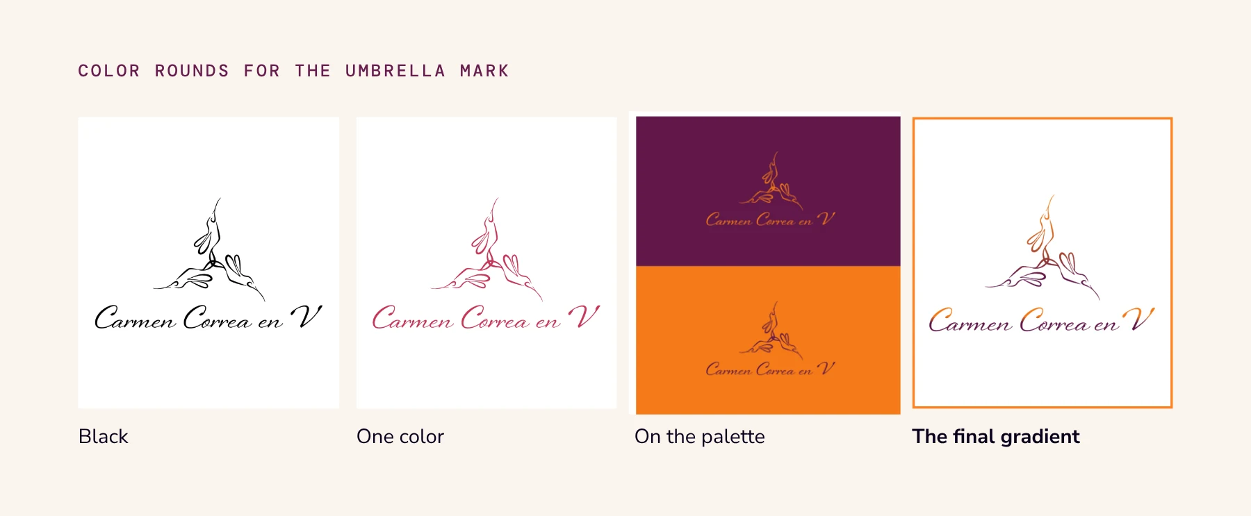 Four color rounds of the umbrella mark: black, one pink color, on wine and orange grounds, and the final gradient.