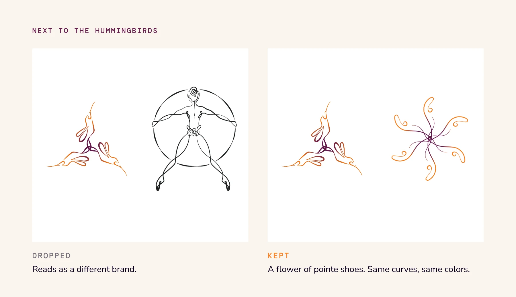 Two panels: the hummingbird mark next to the dropped dancer holding the world, and next to the kept flower of pointe shoes in the family colors.