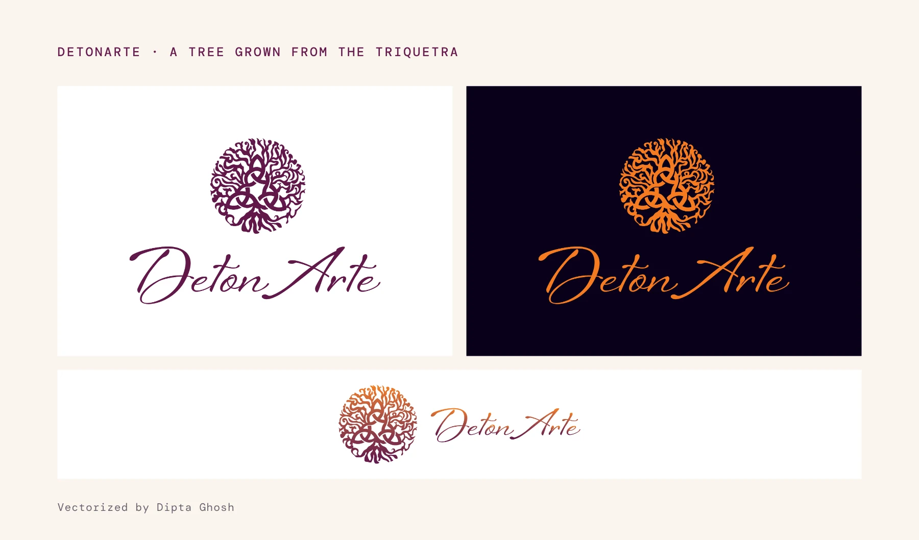The DetonArte tree mark in wine on white, in orange on near-black, and as a horizontal lockup in the gradient.