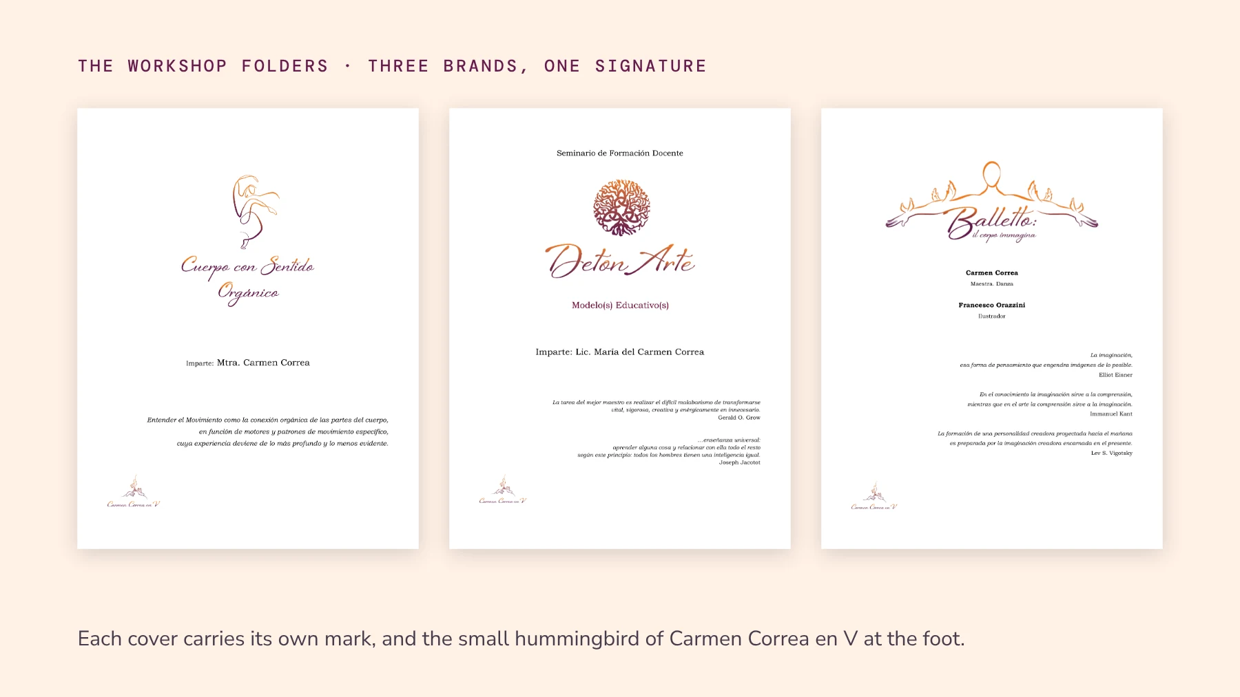 Three workshop folder covers, each with its brand mark and the small Carmen Correa en V hummingbird at the foot.