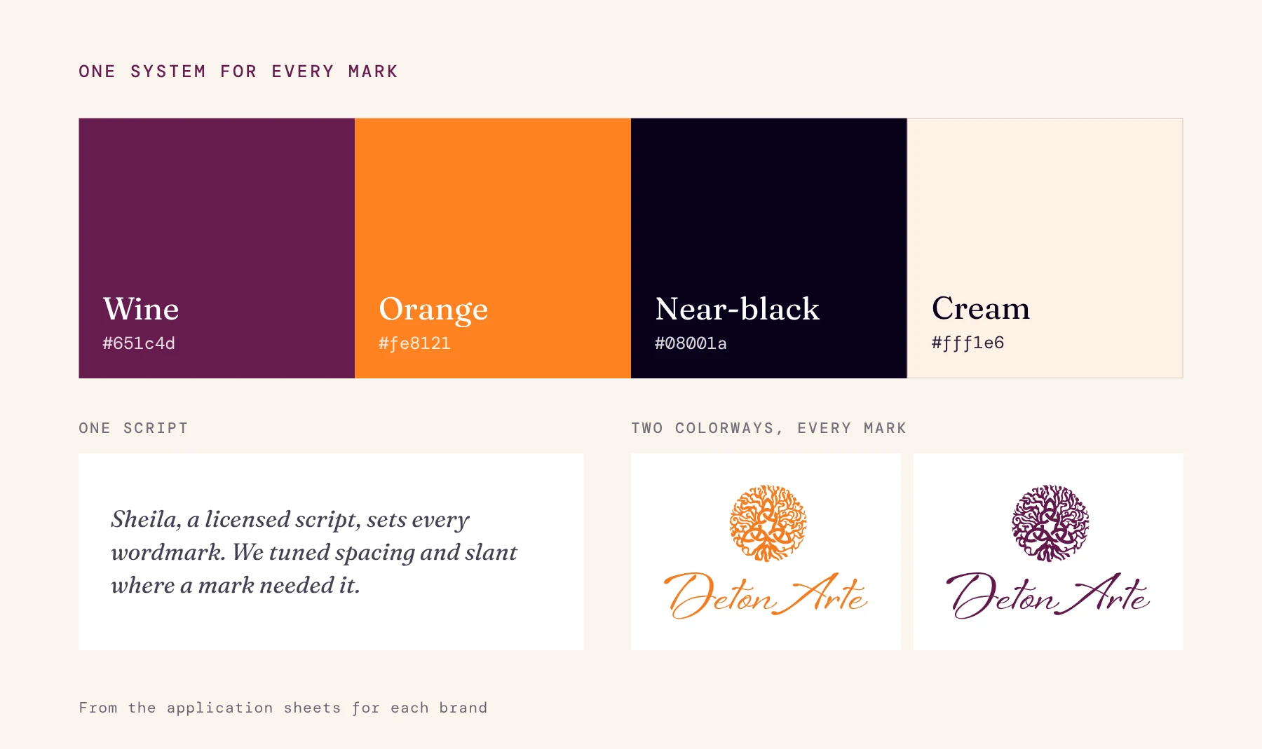Four color swatches, wine #651c4d, orange #fe8121, near-black #08001a and cream #fff1e6, a note on the Sheila script, and DetonArte in its orange and wine versions.