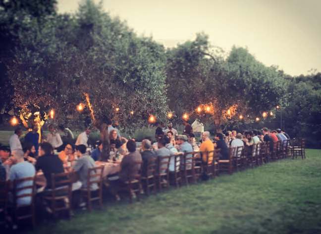 Outdoor dinner party with string lights and long communal tables in orchard