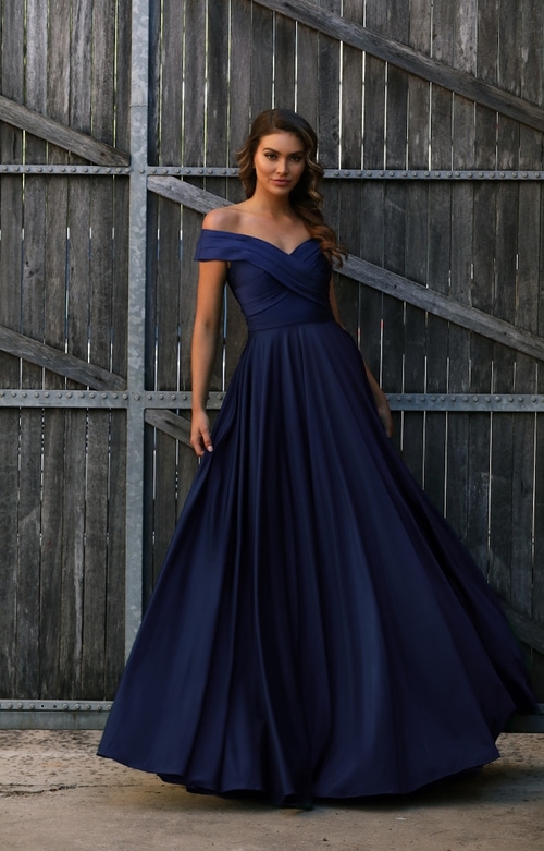 Off the shoulder pleated neckline stretch gown with full skirt.