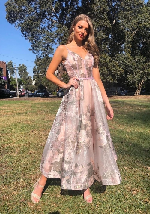 Pastel floral dress with spaghetti straps with a line skirt