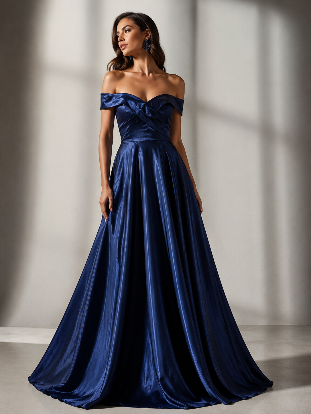 Stunning off shoulder satin A-line ball gown.