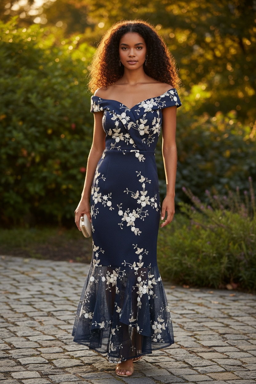 Featuring delicate floral embroidery, an elegant off-shoulder neckline and flattering mermaid silhouette.