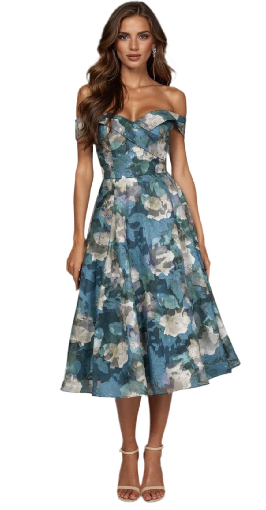 Romantic off-shoulder neckline, floral print and elegant A-line skirt.
