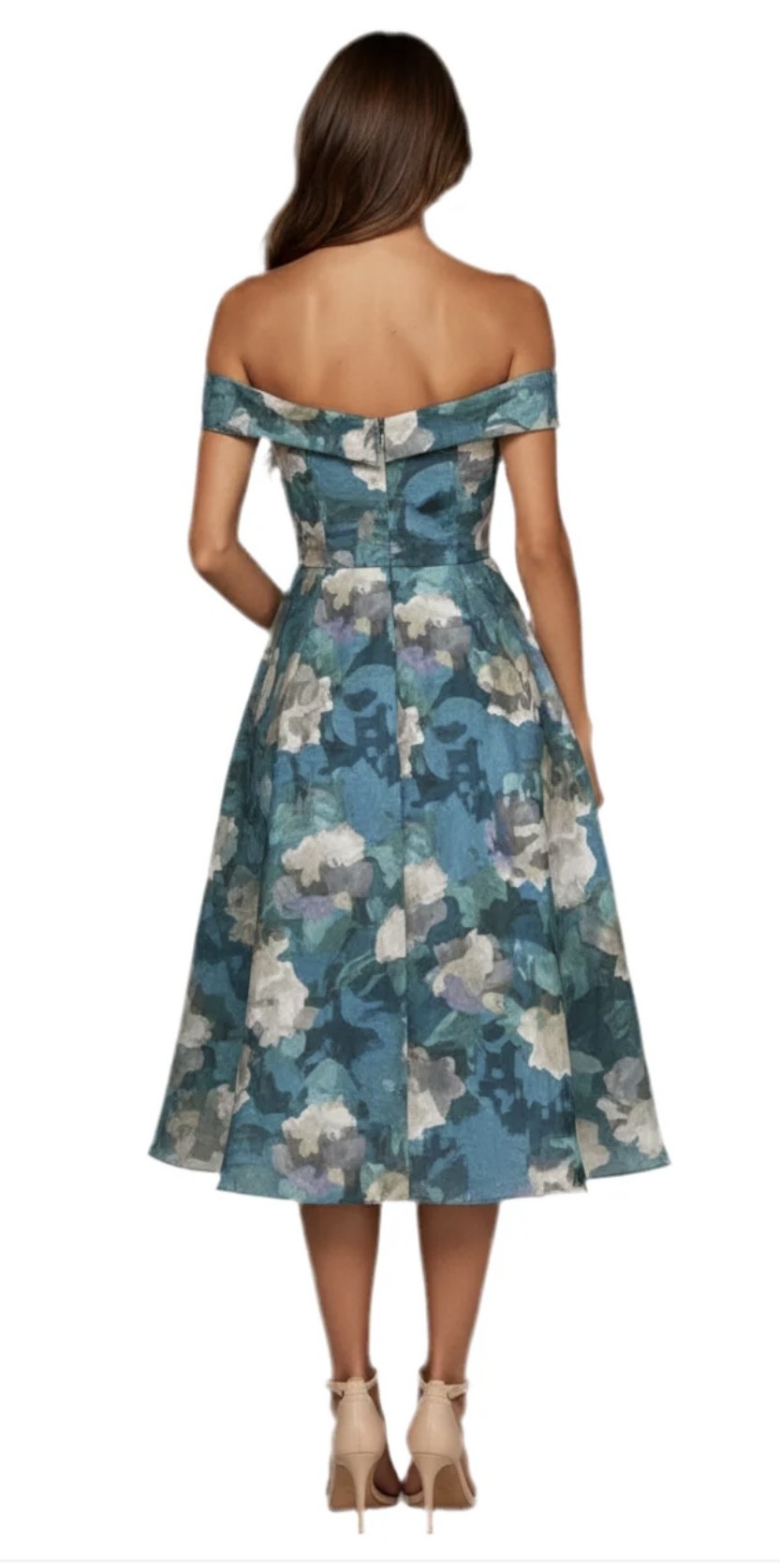 Romantic off-shoulder neckline, floral print and elegant A-line skirt.
