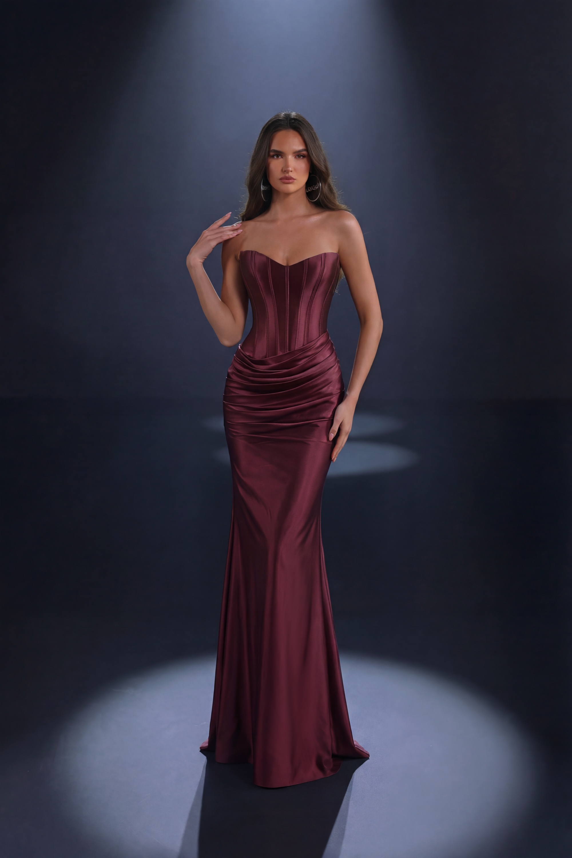 Style NC4113 in Chocolate is designed to sculpt and flatter, with a structured bodice and soft draping that enhances every curve. The deep brown tone adds a touch of understated luxury — elegant without trying too hard.