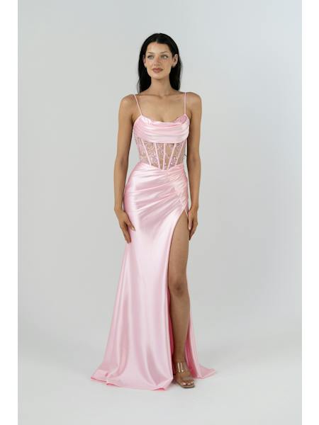 Introducing Belladonna, a fusion of modern sophistication and timeless elegance. Crafted from luxurious Stretch Satin adorned with delicate Lace Applique, this gown exudes an understated yet captivating charm