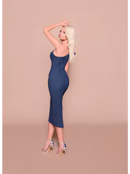 Stunning midi-length formal dress by Nicoletta, with pleated asymmetrical neckline with frill detail and structured bodice with In-built Cups/Boning.