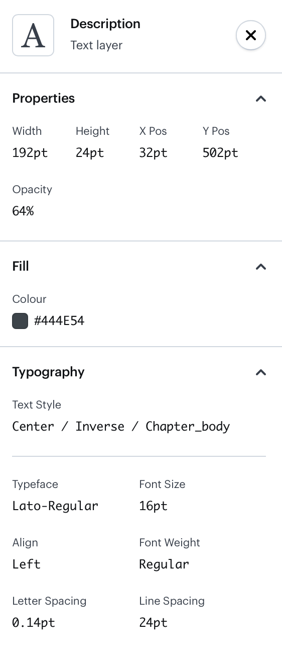 Marvel app: The Inspector view of the text element