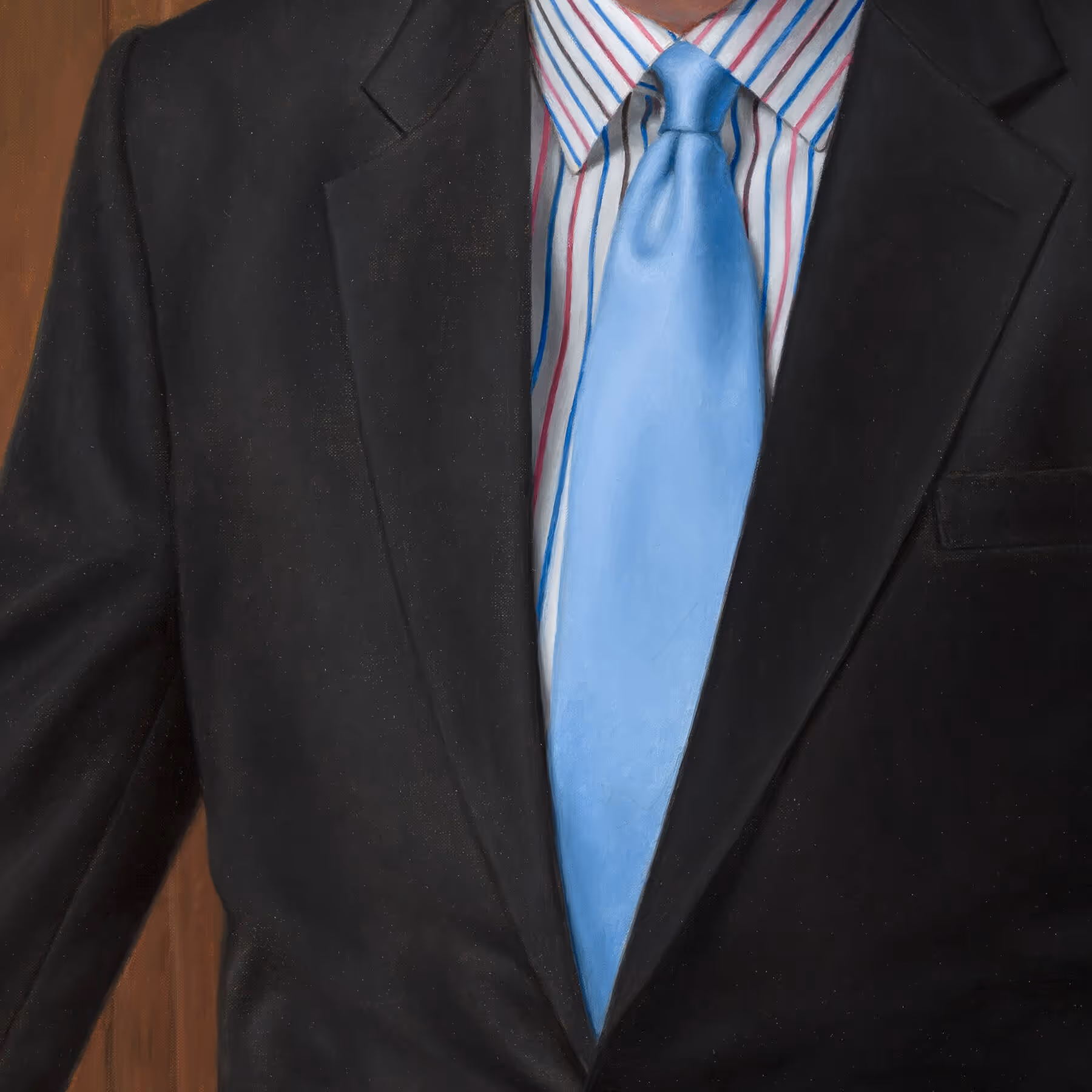 Detail of Robert Cripps’s blue tie, striped shirt, and business suit in an executive portrait by Marvin Mattelson.