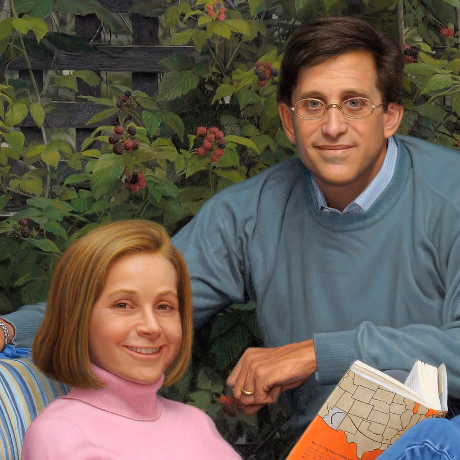 Close-up detail of Ariel Hart Cohen reading beside Michael Cohen in a family portrait by Marvin Mattelson.