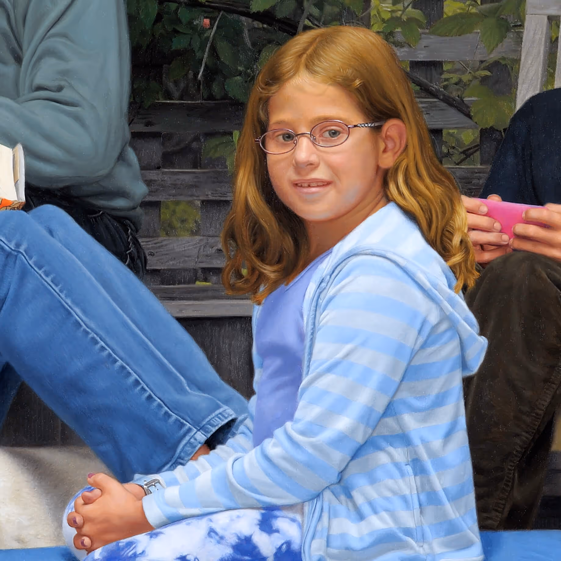 Detail of Natalie seated on a chaise in a family memorial portrait by Marvin Mattelson.