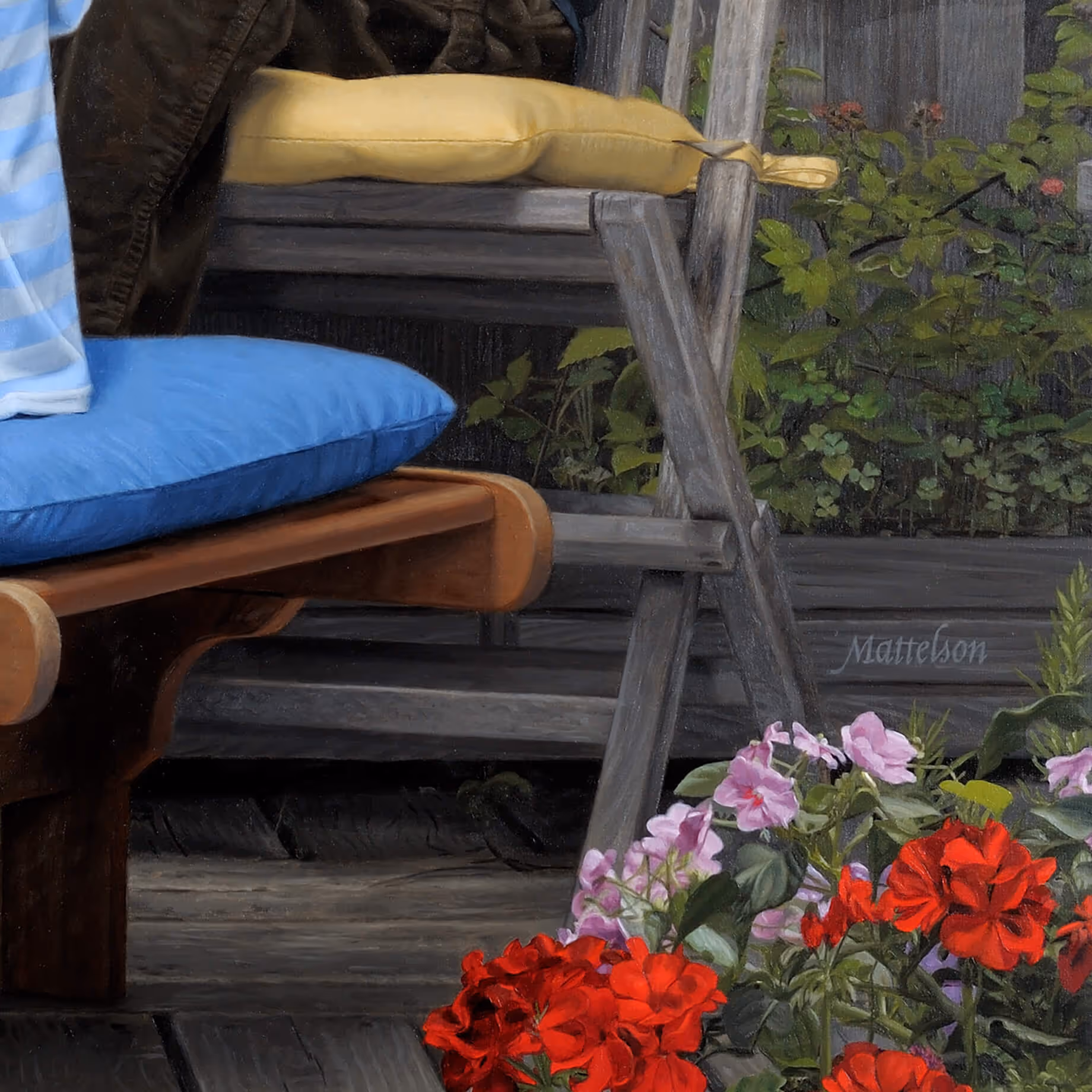 Detail of flowers from Ariel Cohen’s rooftop garden in a family memorial portrait by Marvin Mattelson.