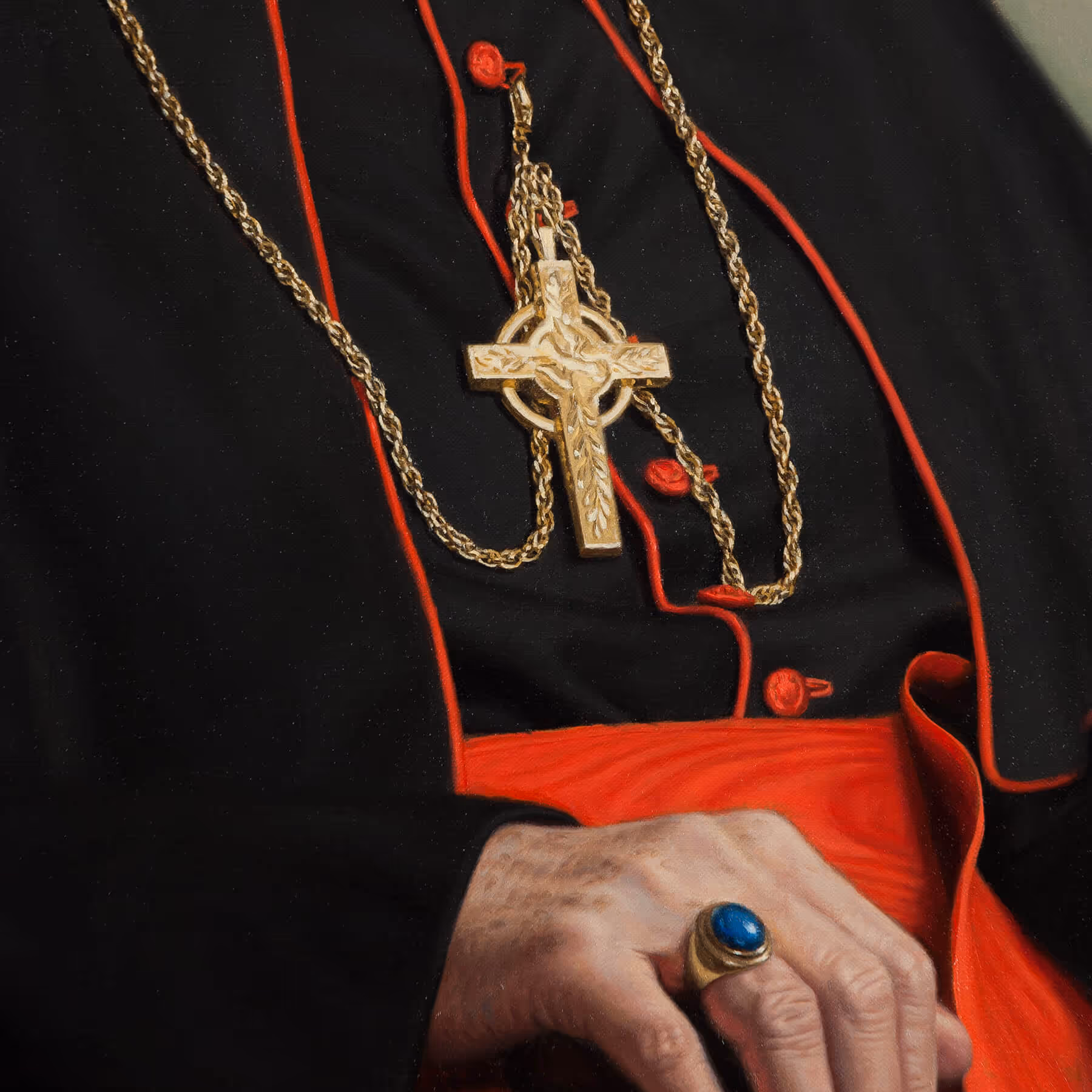 Detail of clergy portrait showing Cardinal Egan's cross, gold chain, and episcopal ring.