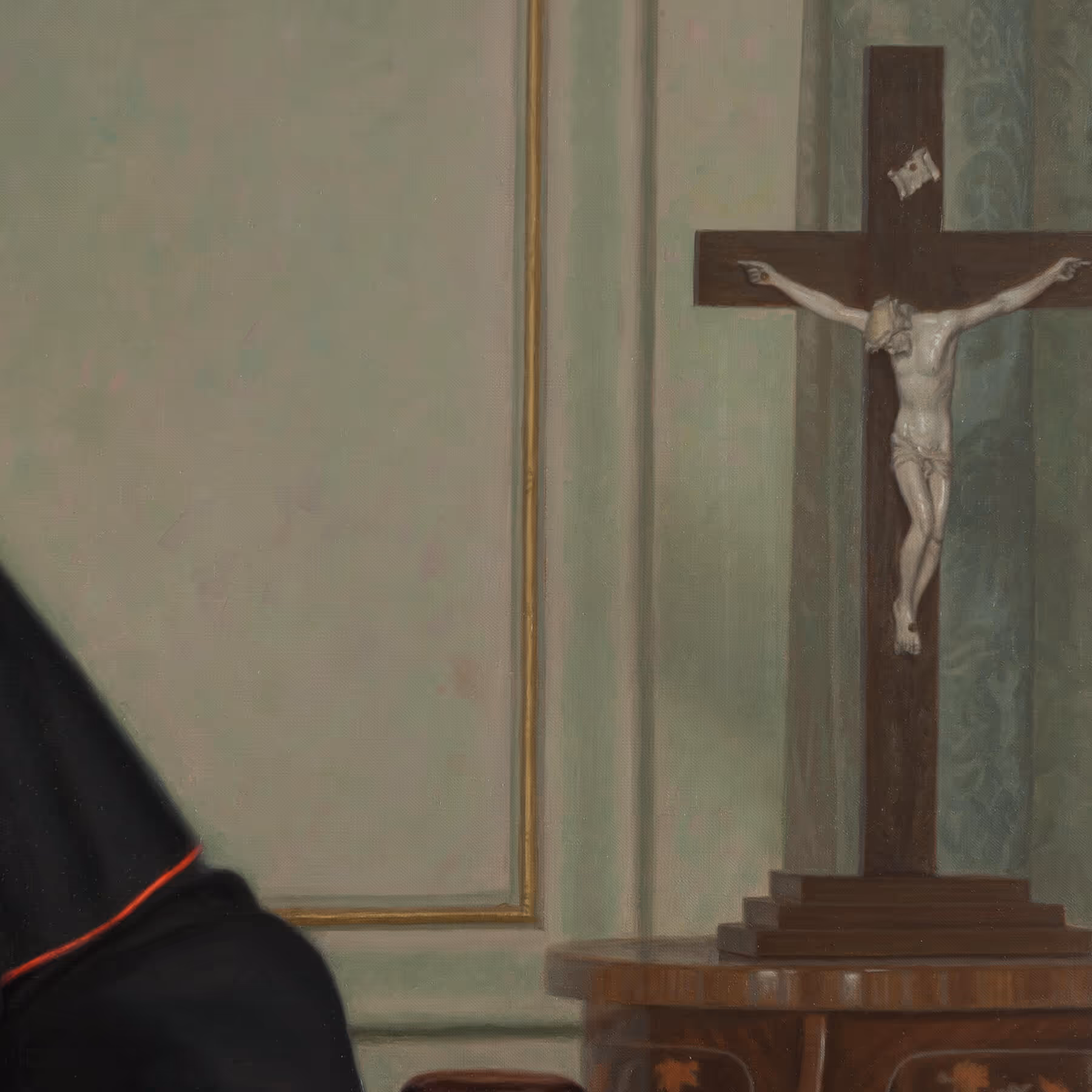 Detail of official portrait showing a crucifix displayed beside Cardinal Egan.