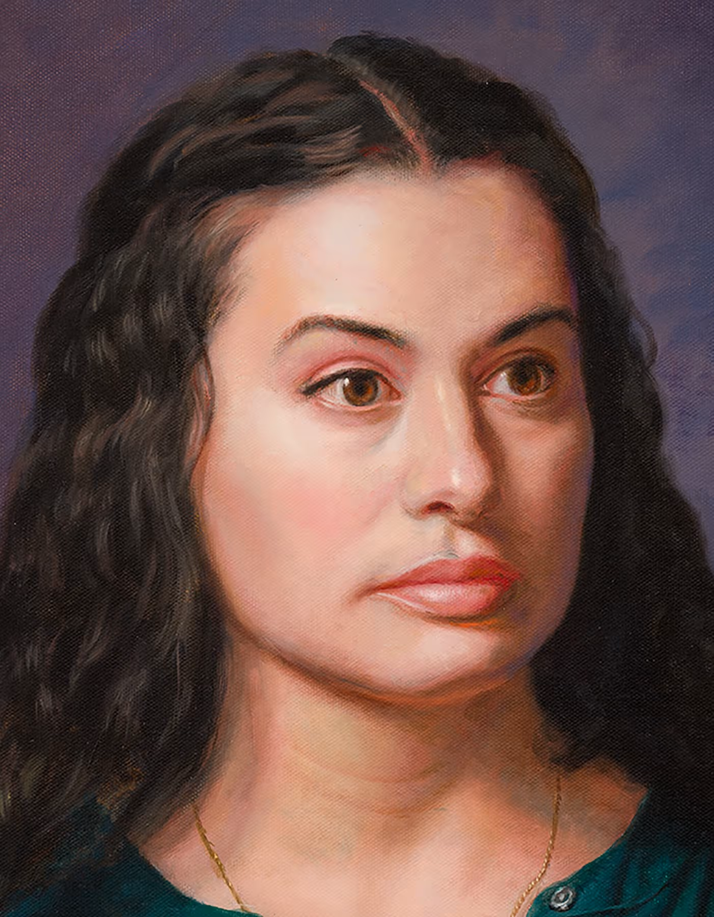 Renaissance-inspired portrait of Jessica with dark hair, luminous complexion, and expressive eyes, painted by Marvin Mattelson.