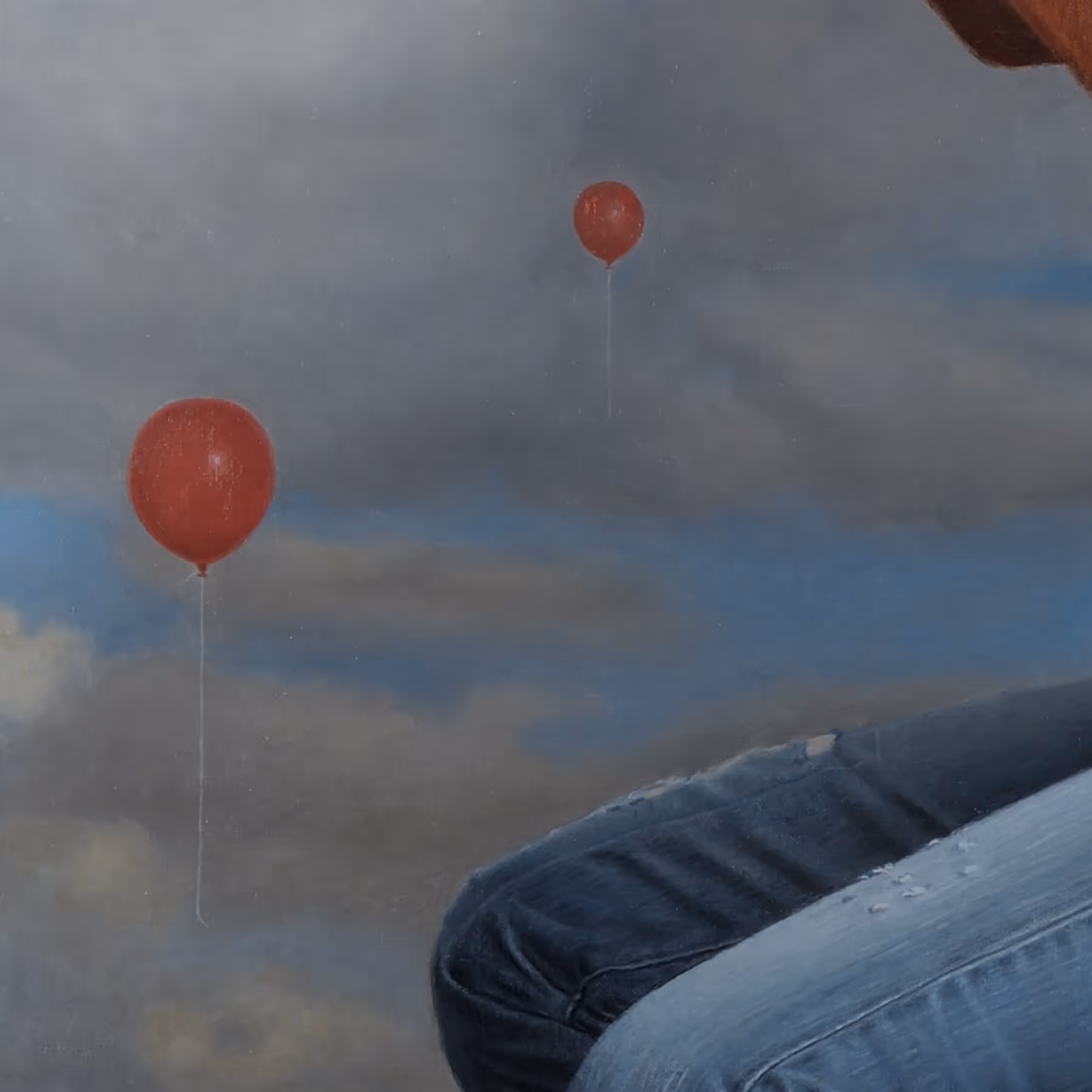 Detail of floating red balloons against the painted sky background in a contemporary conceptual portrait.