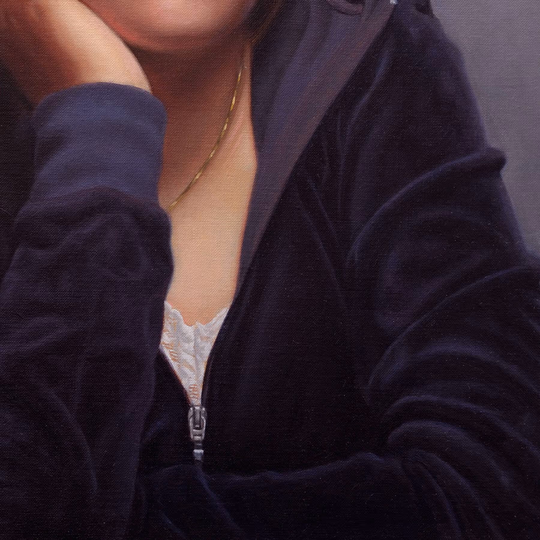 Detail of Sydnie’s hand, necklace, and lace-trimmed blouse in a portrait by Marvin Mattelson.