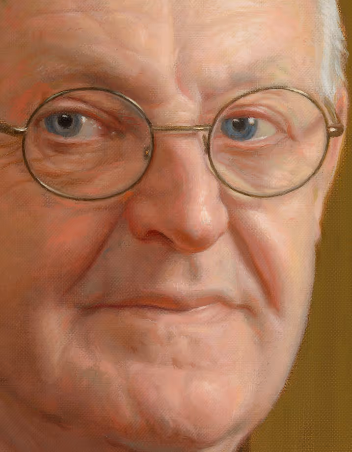 Extreme close-up detail of Wil de Hollander’s face, glasses, and expression in a portrait by Marvin Mattelson.