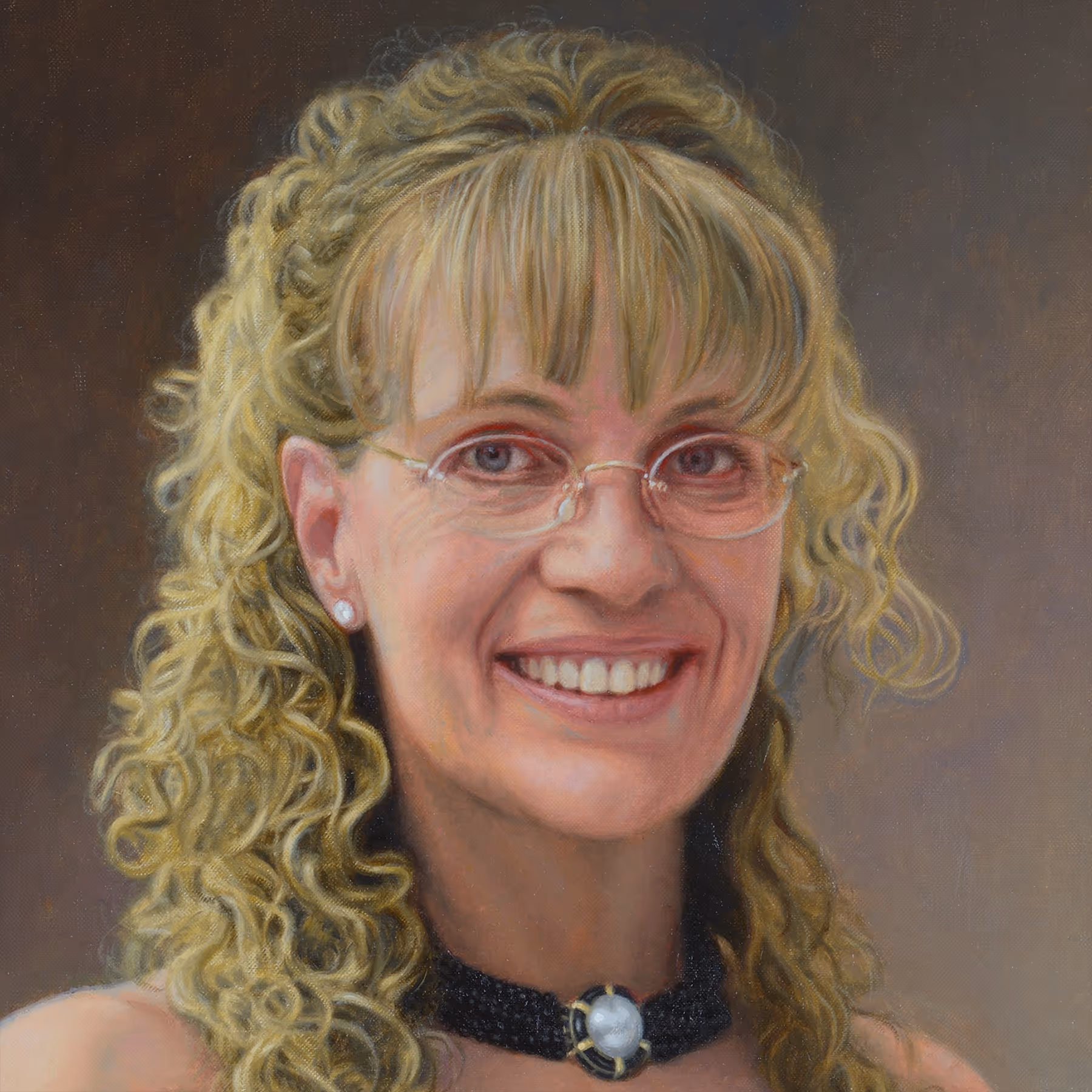 Close-up detail of Shelly Kaye’s face, smile, and curly hair in a memorial portrait by Marvin Mattelson.