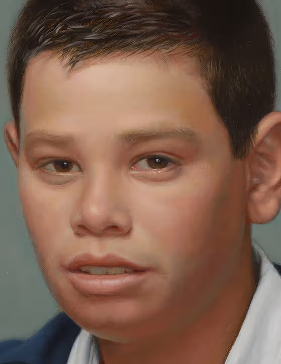 Close-up detail of Evan’s face showing determination, expression, and subtle flesh tones in a portrait by Marvin Mattelson.