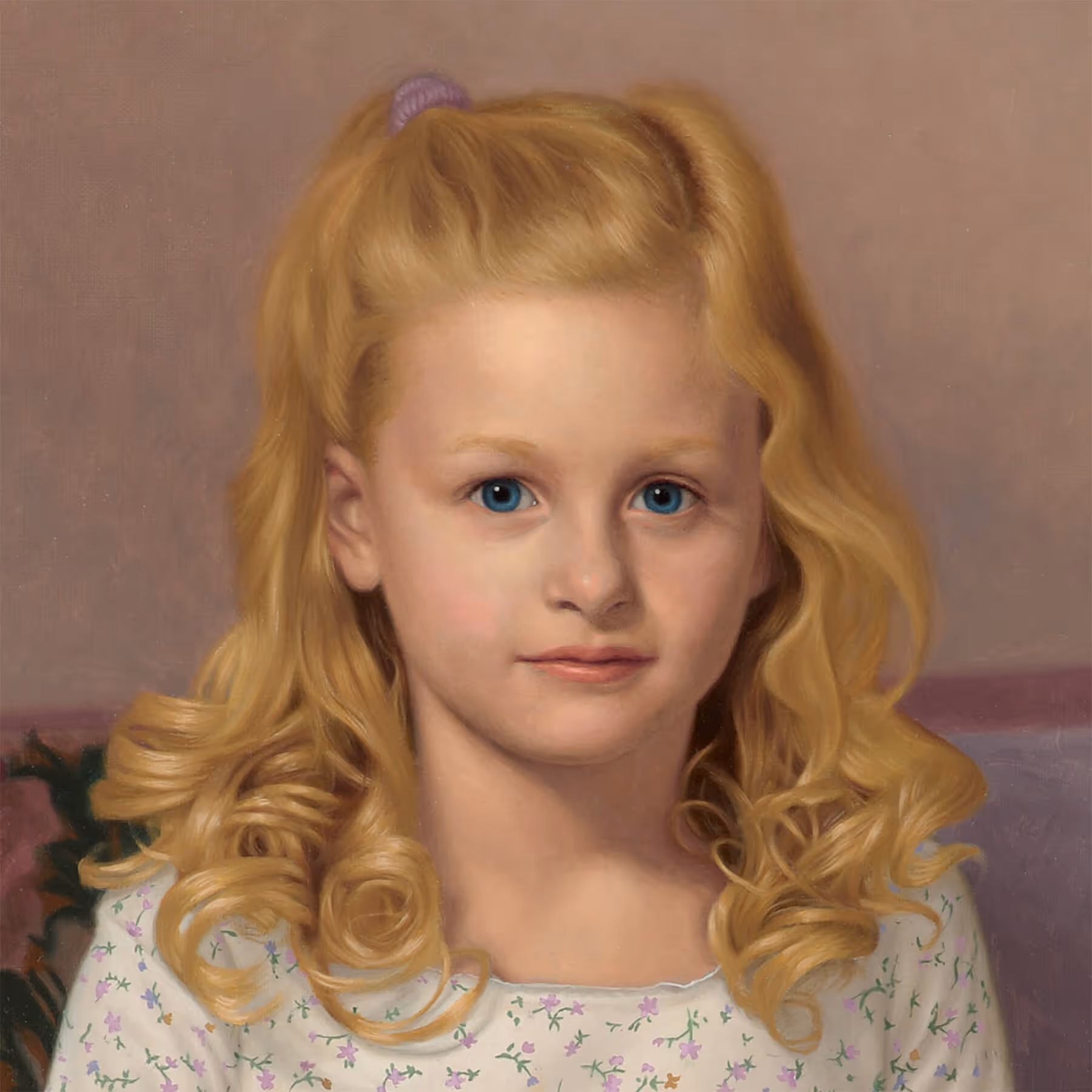 Close-up detail of Julia’s face, golden curls, and blue eyes in a portrait by Marvin Mattelson.