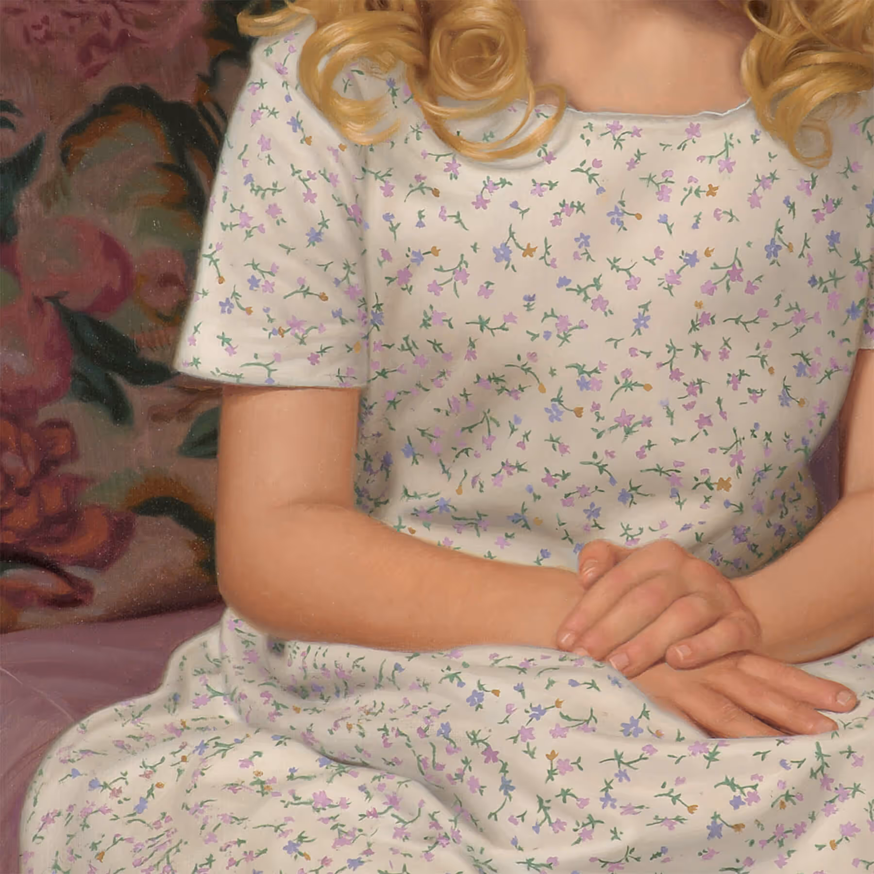 Detail of Julia’s folded hands and floral dress, demonstrating Marvin Mattelson’s attention to pattern, design, and form.