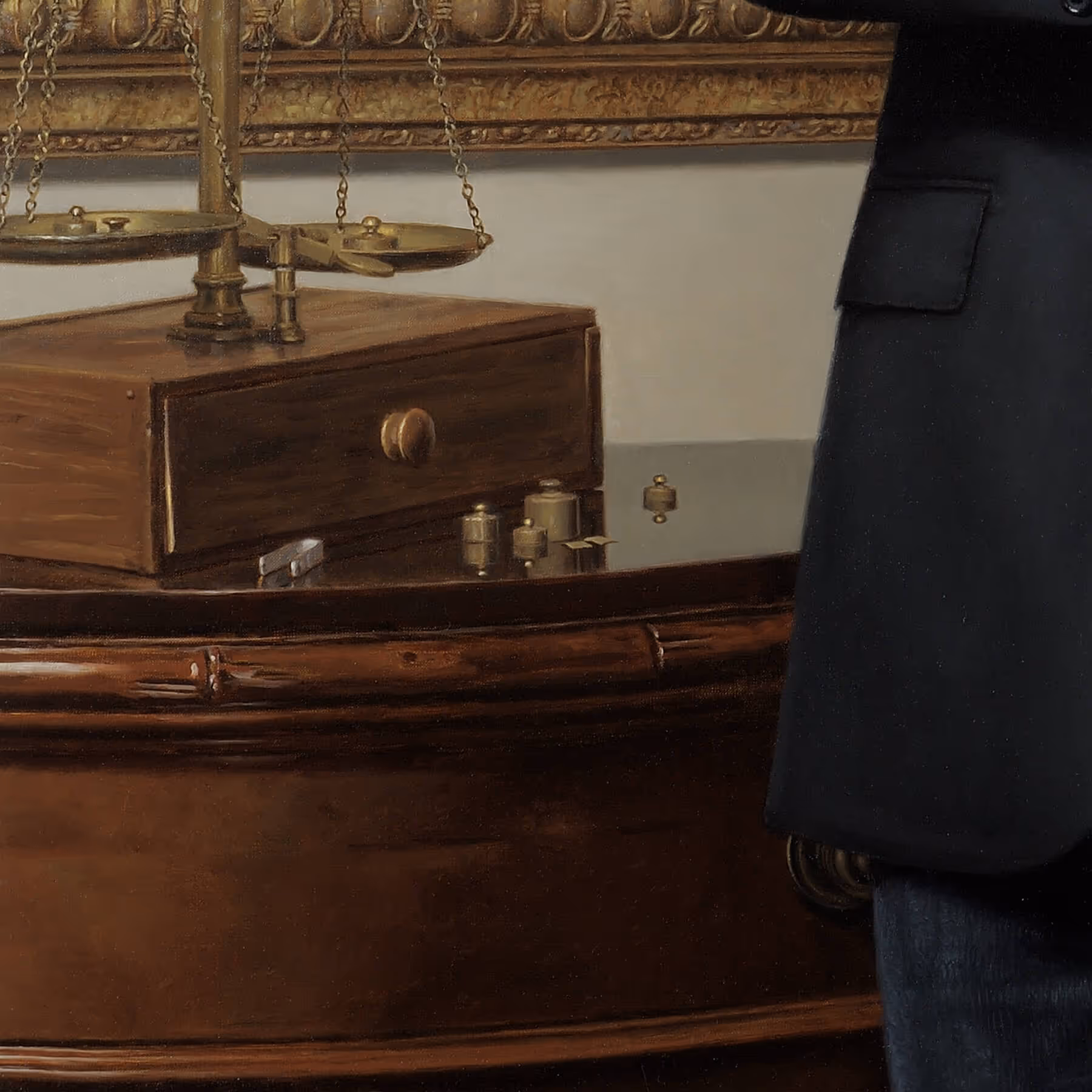 Detail of the antique scale and personal keepsakes included in Lynn R. Rogers’s portrait.