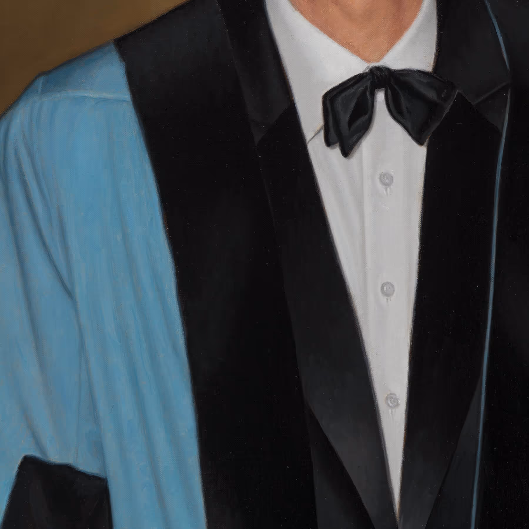 Detail of Edward Cripps’s bow tie, academic gown, and formal attire.