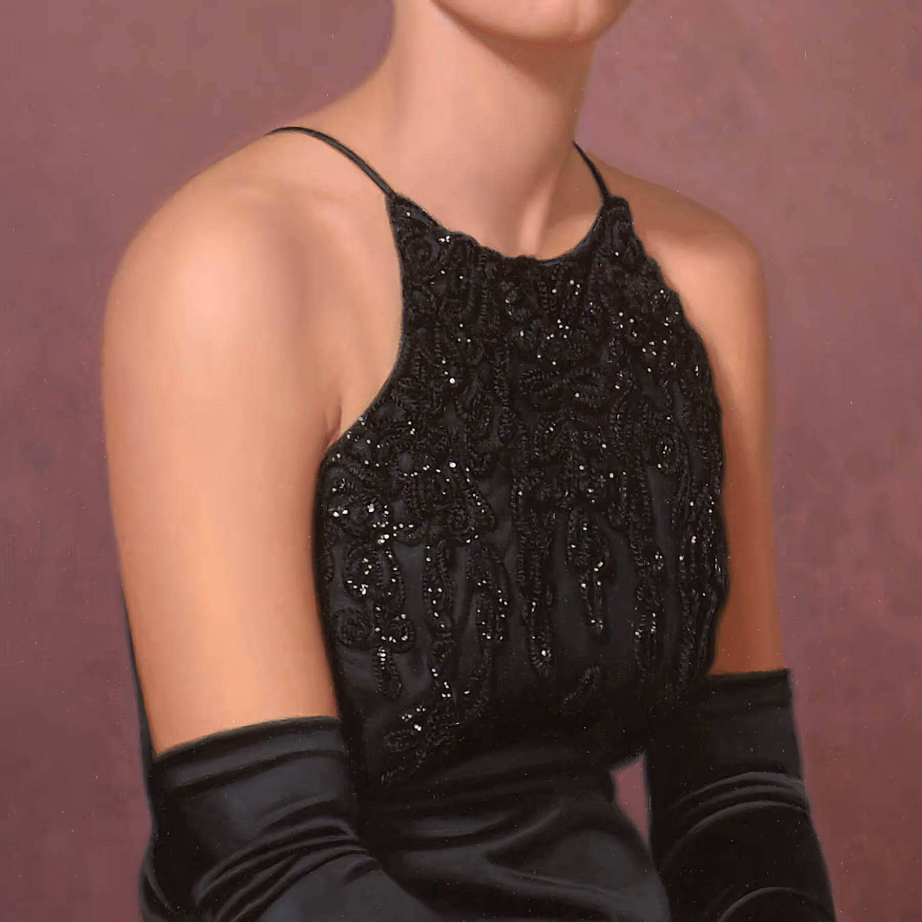 Detail of Karin’s evening gown showing sequined beadwork, satin gloves, and refined fabric textures.