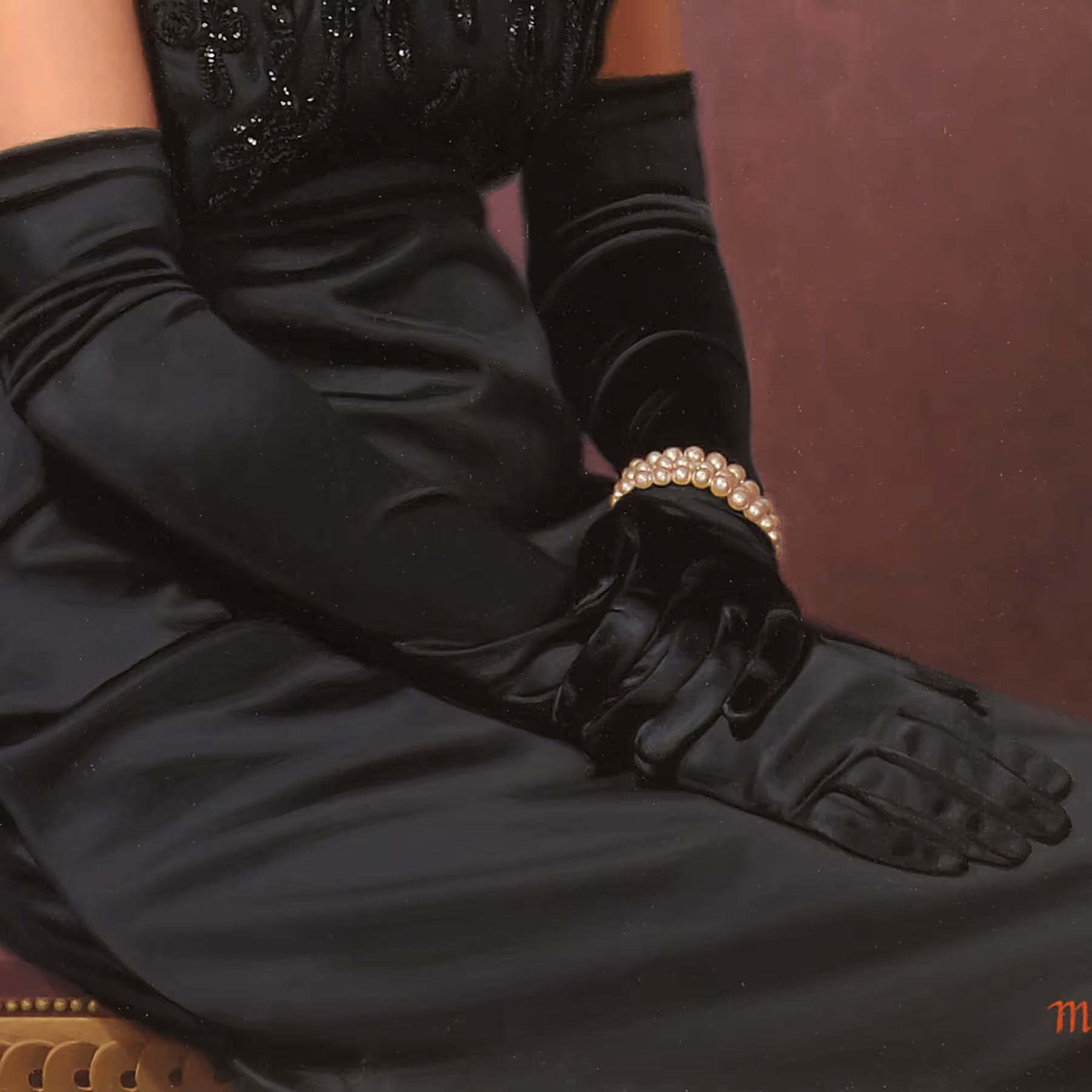 Detail of Karin’s satin gloves, pearl bracelet, and evening gown showing subtle light and texture.