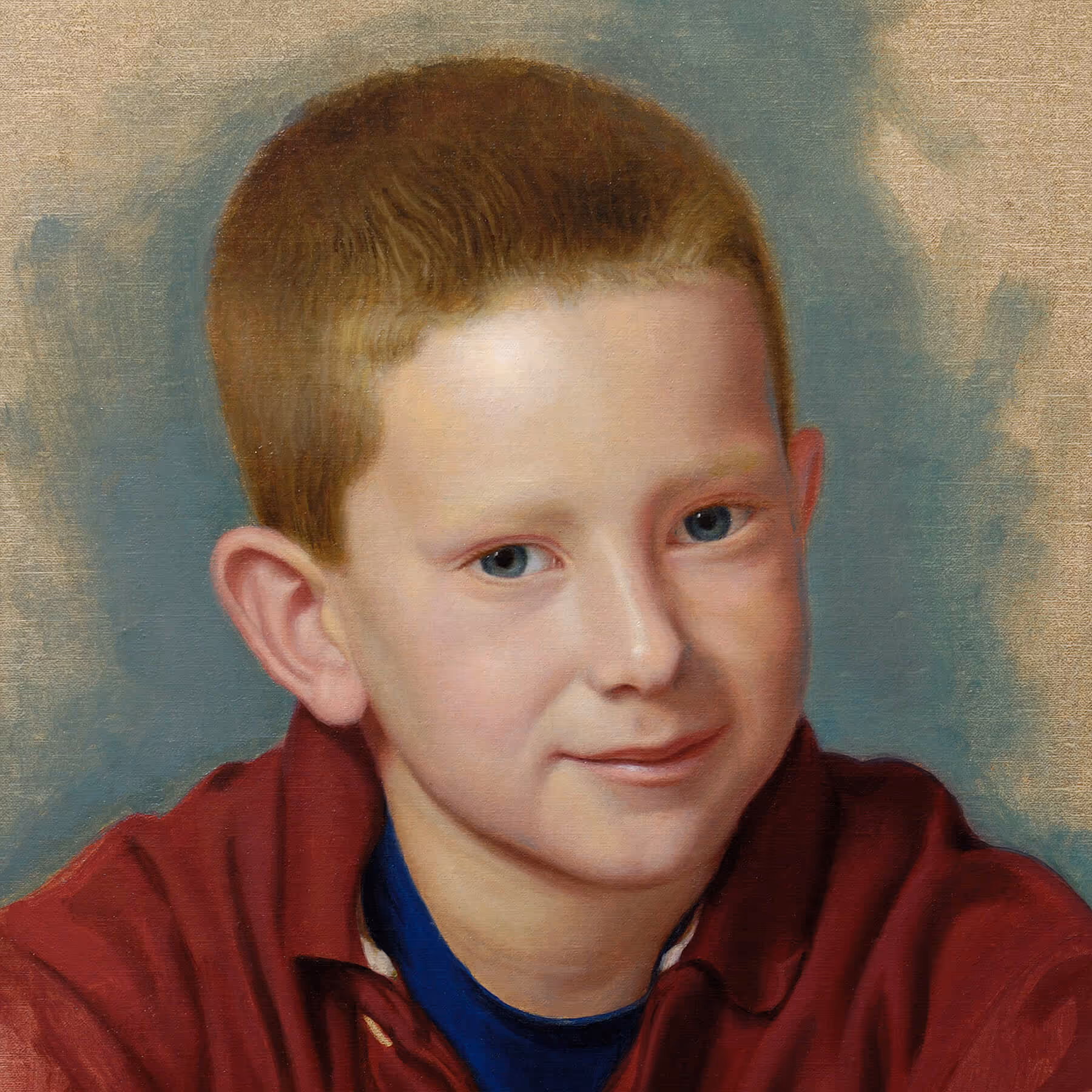 Portrait detail of Spencer showing facial features, blue eyes, and softly modeled flesh tones.